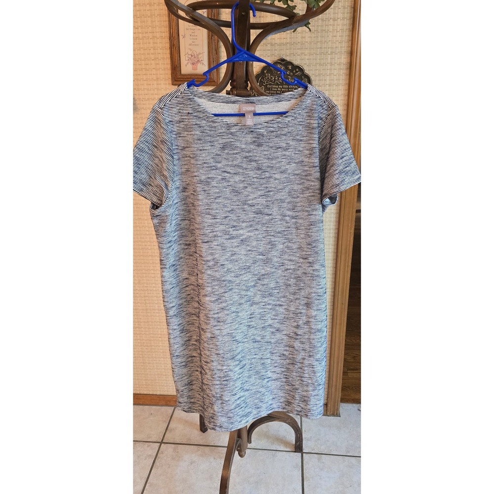 Chicos Navy Blue White Striped Short Sleeve Shift Dress Boat Neck Size 2 Large